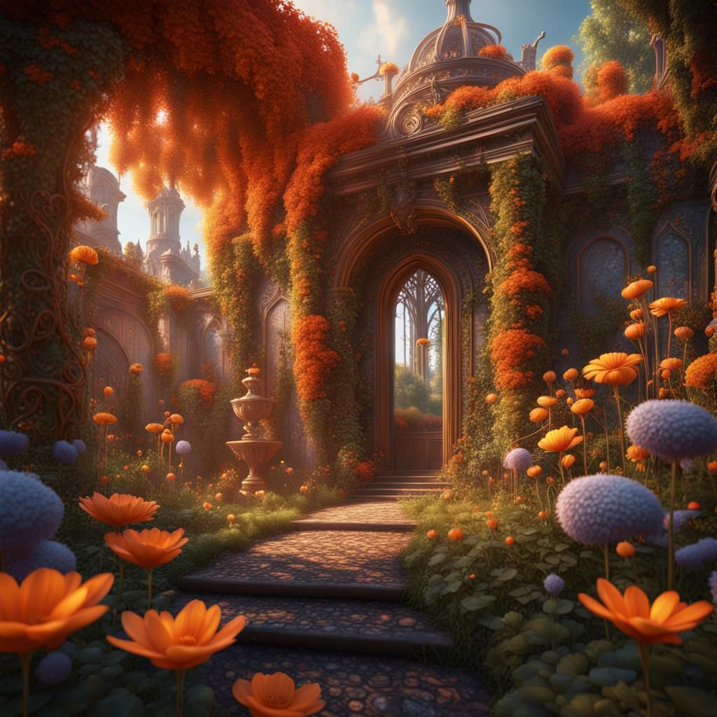 Secret flower garden, orange color, beautiful details