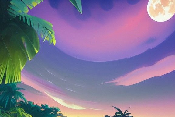 a beautiful painting of the moon in the purple tinged sky ab...