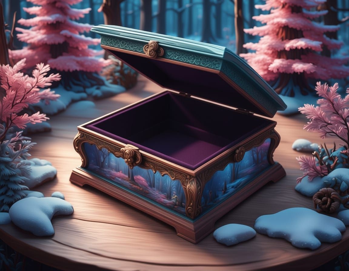 A crystal jewlery box that is open. Inside the bottom half is a meticulously crafted, miniature winter forest clearing. In the open lid is a...