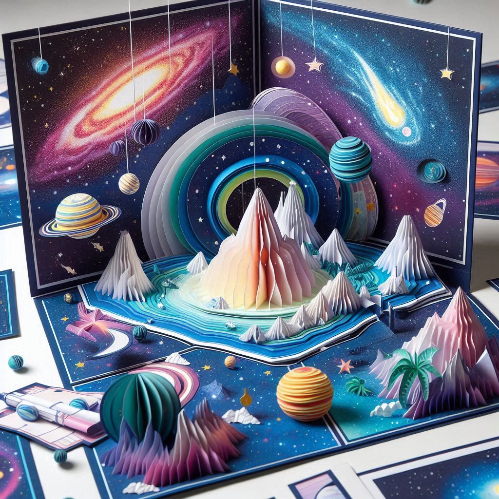Pop-up book scenes showing a detailed galaxy with milky way, starry and a solar system 9