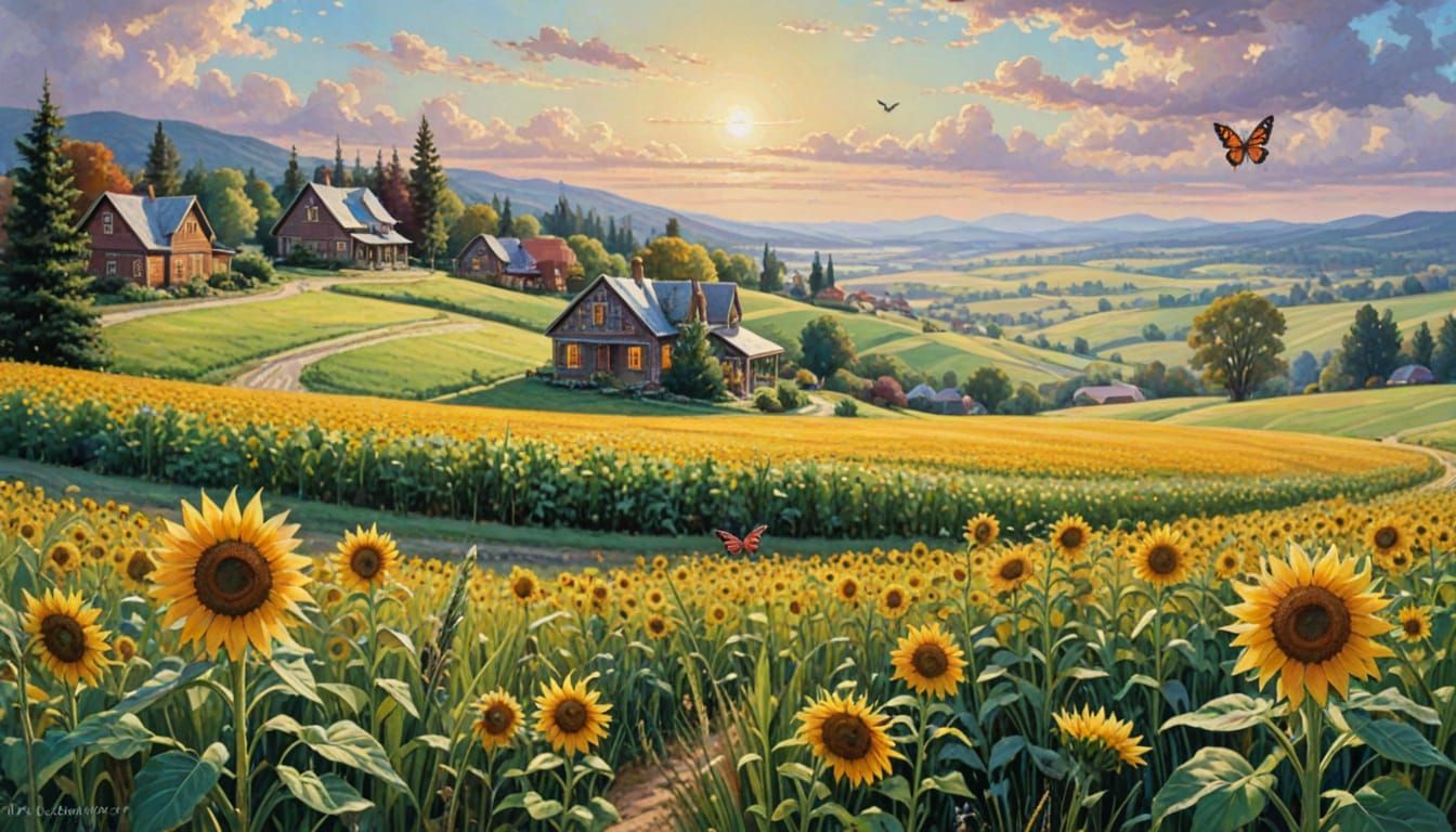 Whimsical Countryside Scene in Watercolor and Pastel Colors