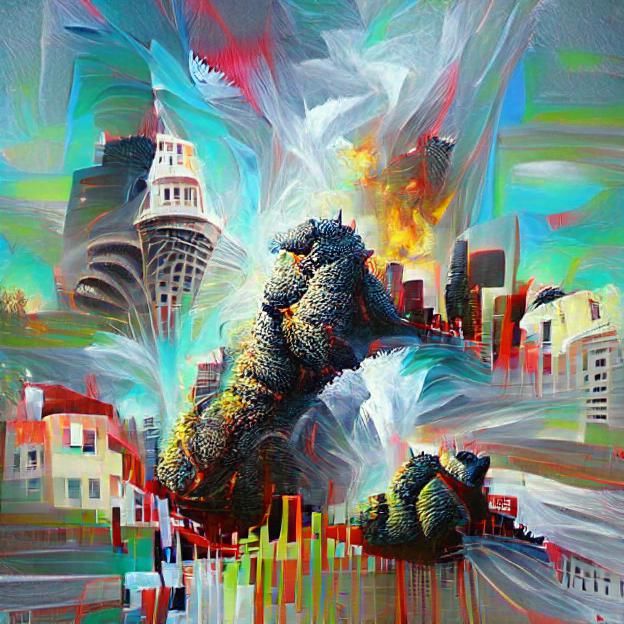 Godzilla wrecking San Francisco 8K 3D abstract poster art