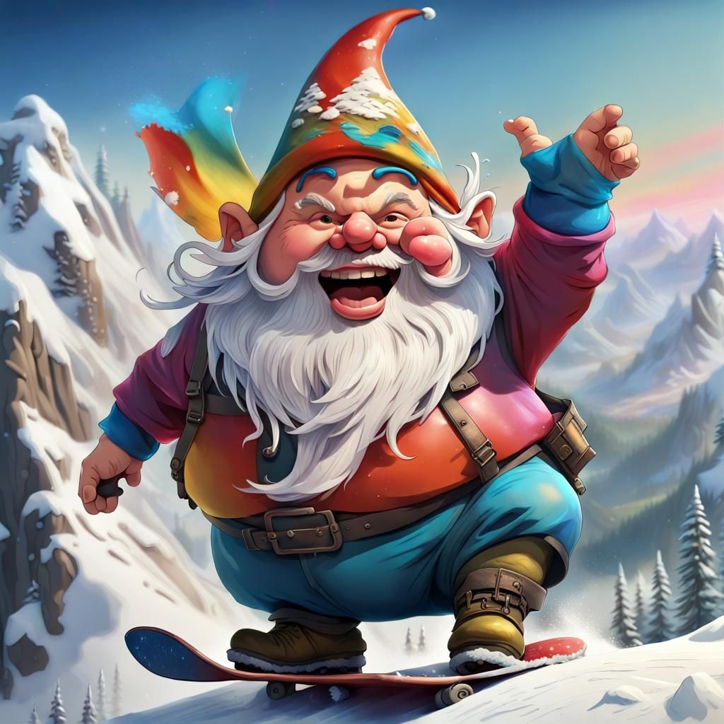 Happy Gnome Snowboarding: Hyperdetailed Fantasy Art