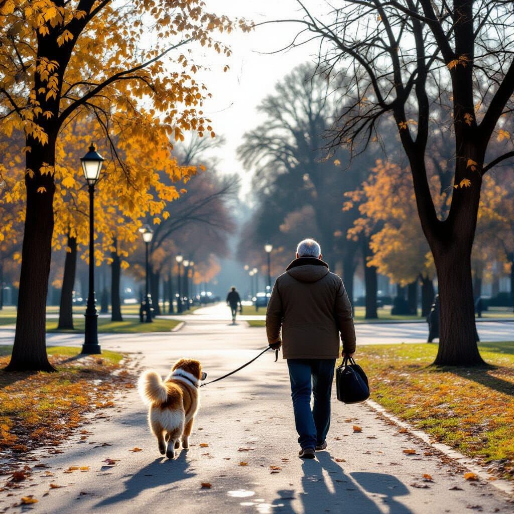 Elderly Man Walks Dog in Park Under Bright Blue Sky