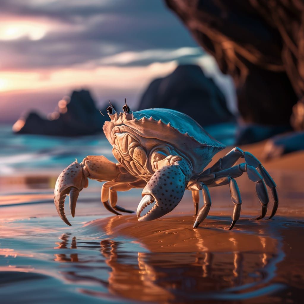 Hyper-Realistic Crab Walks on Golden Beach