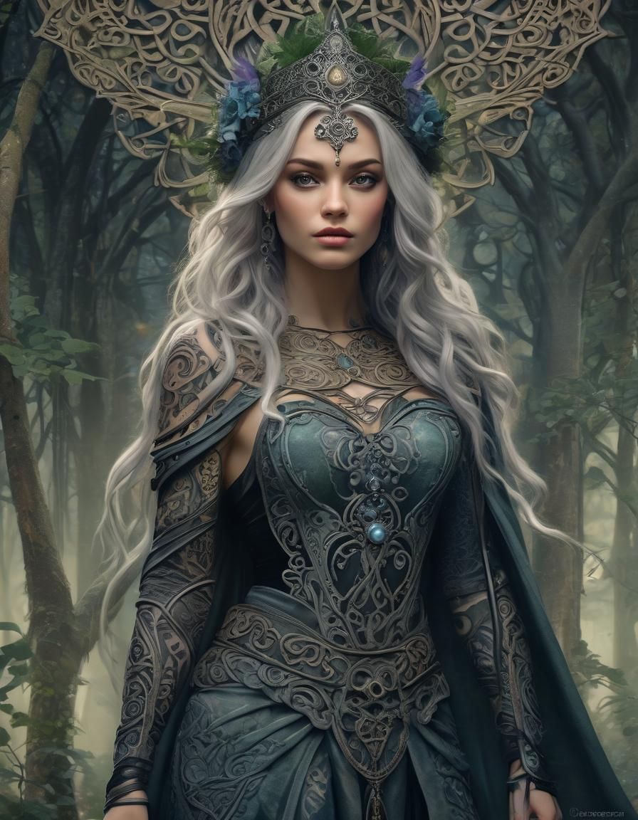 "Full-body portrait of a beautiful woman inspired by Rhiannon in Celtic mythology, with (intricate Celtic ...  by @Jennifer Lawing