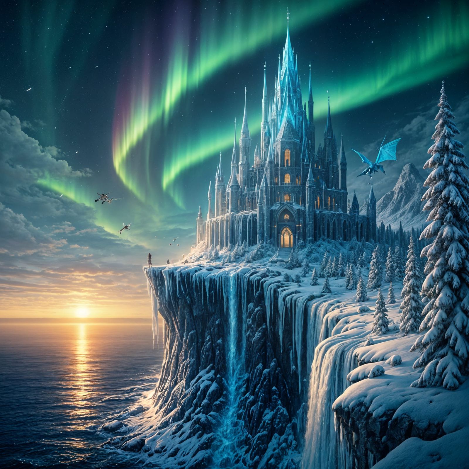 Colossal Ice Palace with Crystal Spires Above Frozen Sea