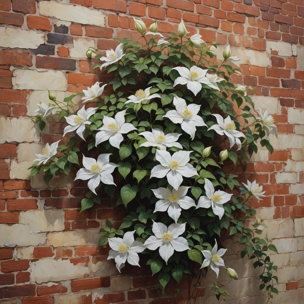 white clematis curls along a red brick wall