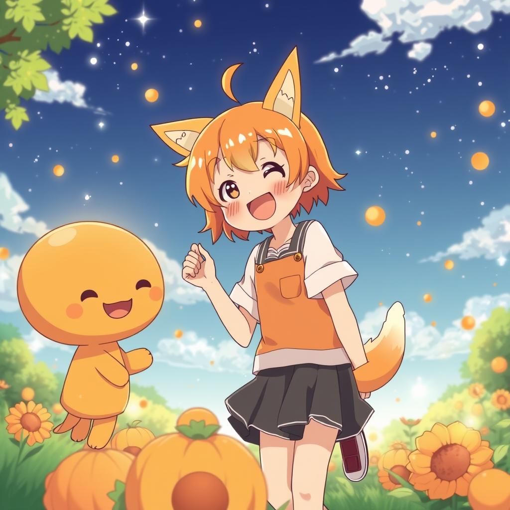 A cute happy orange and fox (anime)