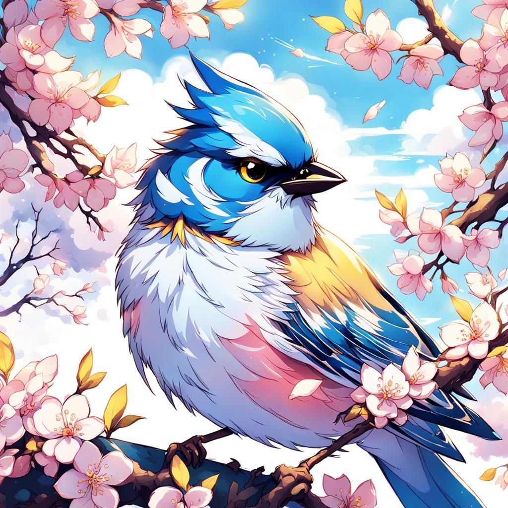 Cute Bird in Sakura Tree, Anime-Inspired Art