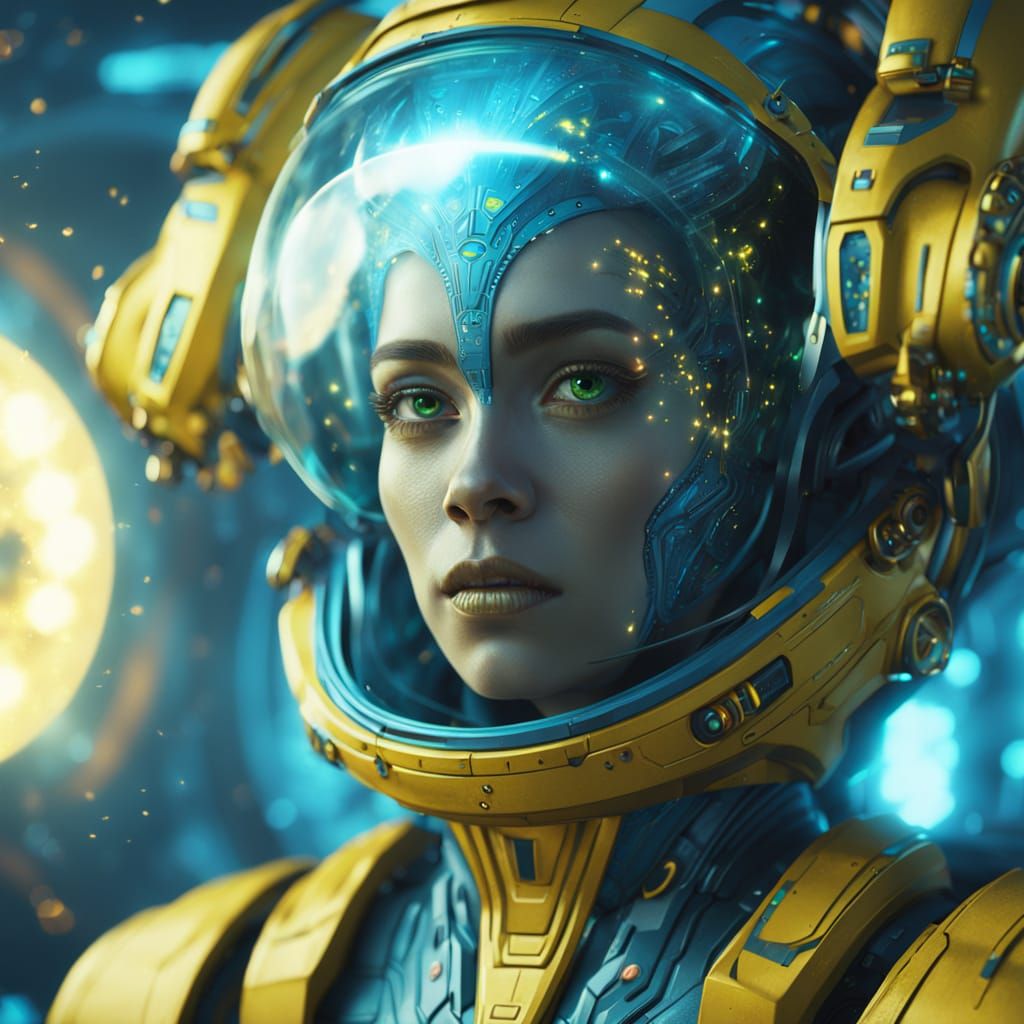 Alien woman with light blue skin and yellow irises. Human appearing otherwise. Short, black hair. Space mechanic. Pleasant smile.