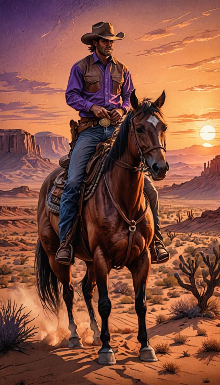 A cowboy sitting on a brown horse, The background is the desert, pencil art, masterpiece