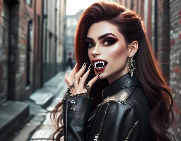 <lora:VampireFangs SD:0.8>close up portrait of a female modern-day vampire with (long_fangs:1.1)  in a back Alley (Perfectly shaped fangs:1....