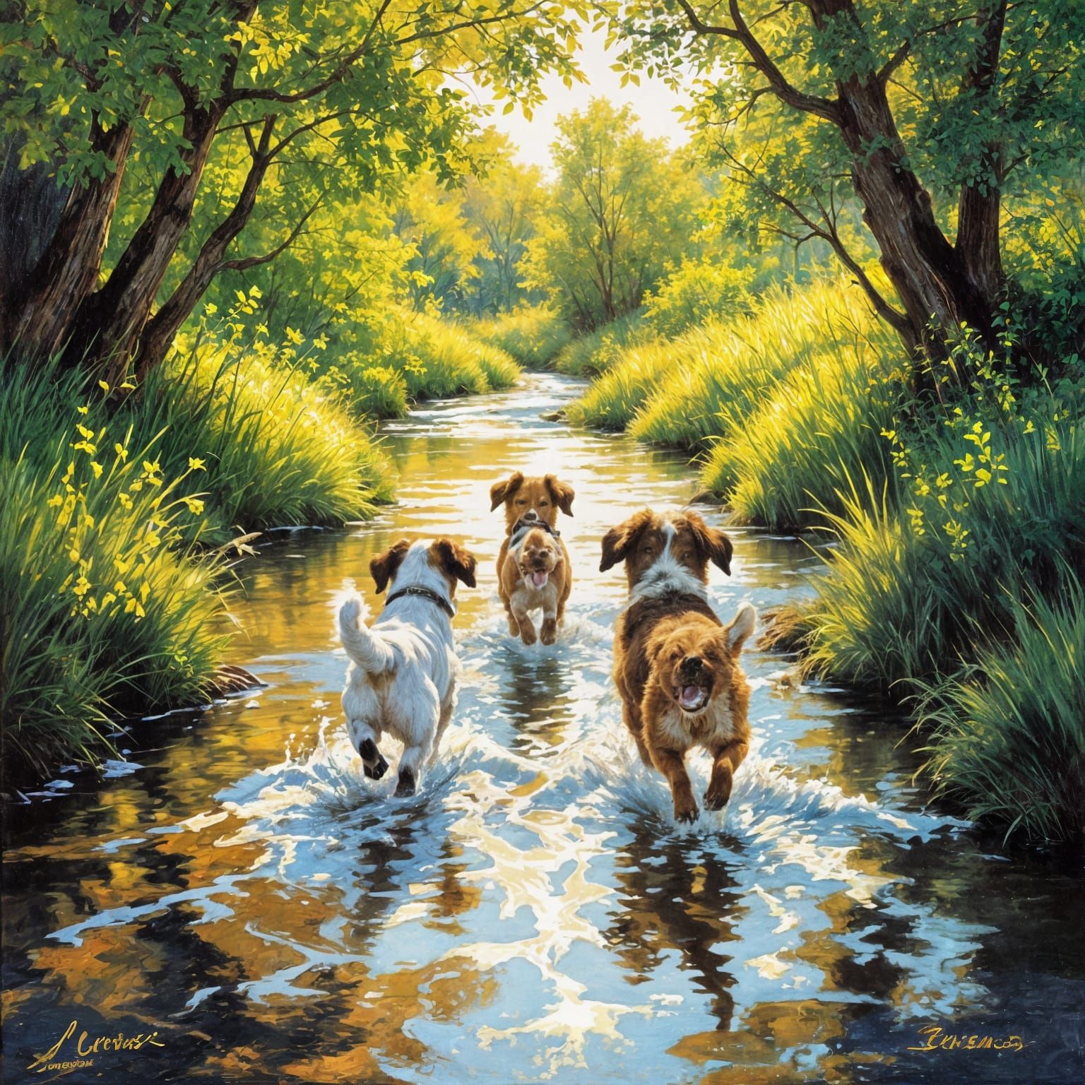 Dogs running through a stream oil painting by James Gurney
