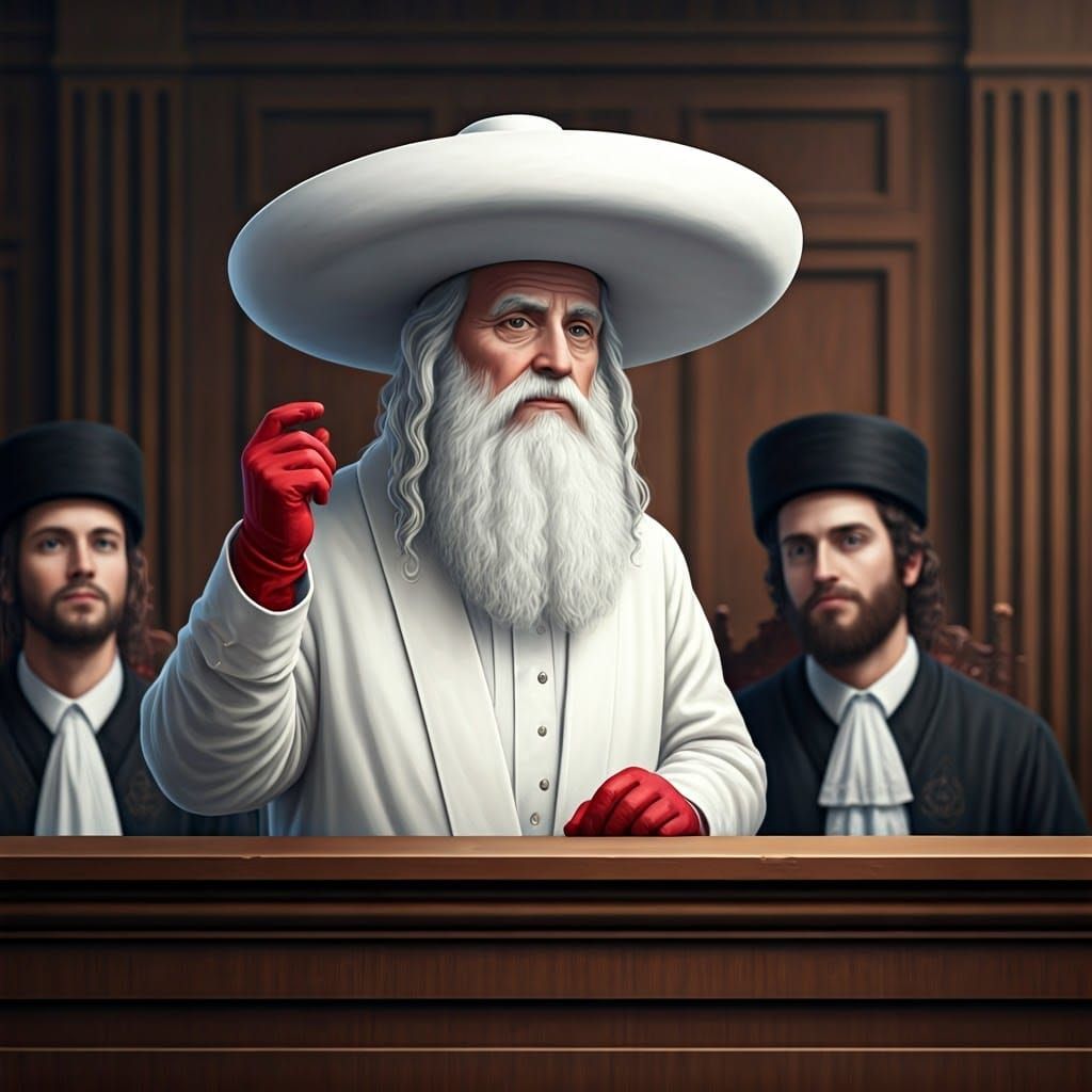 Hasidic Elder Testifies in Court, Flanked by 18th-Century Ju...
