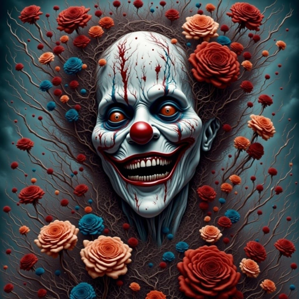 <lora:Flora Lora:1.0> (scary clown:1.9), full body view, roses, horror, terrifying, evil, rich colours, saturated colours, white black grey...