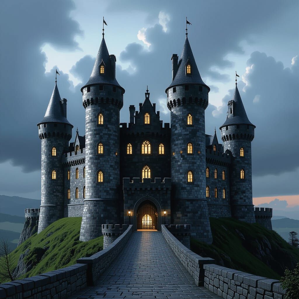 A black, grey and white medieval castle with 4 towers, 12 windows, a big entrance gate and a mobile  bridge up on a hill
 