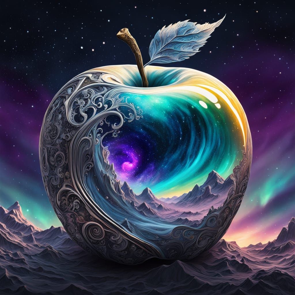 Exquisite richly detailed Arora borealis, on display in glass Silver glowing apple, beautiful, magical ...  by @Fritholf