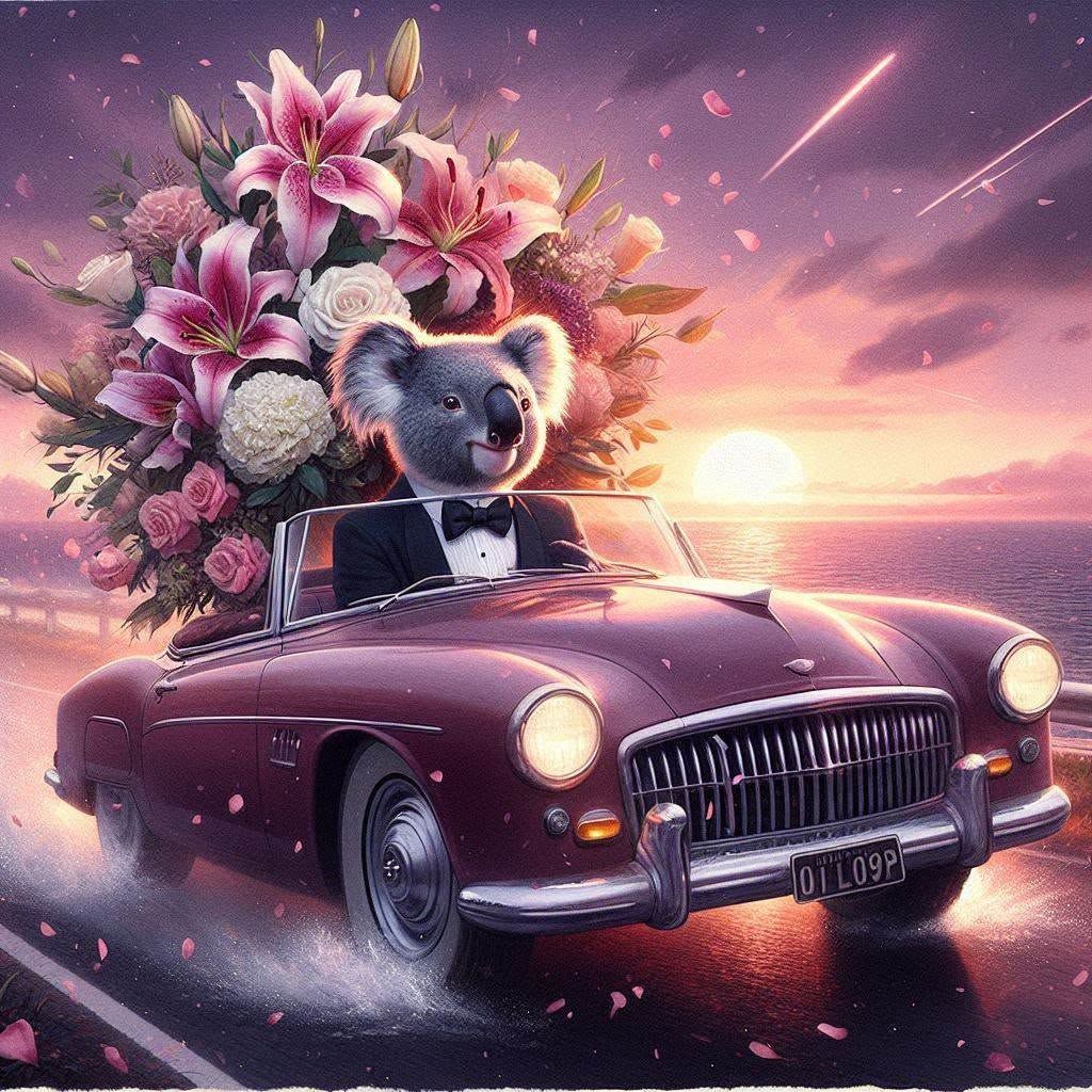 Timson the Koala in his snazzy Classic Car