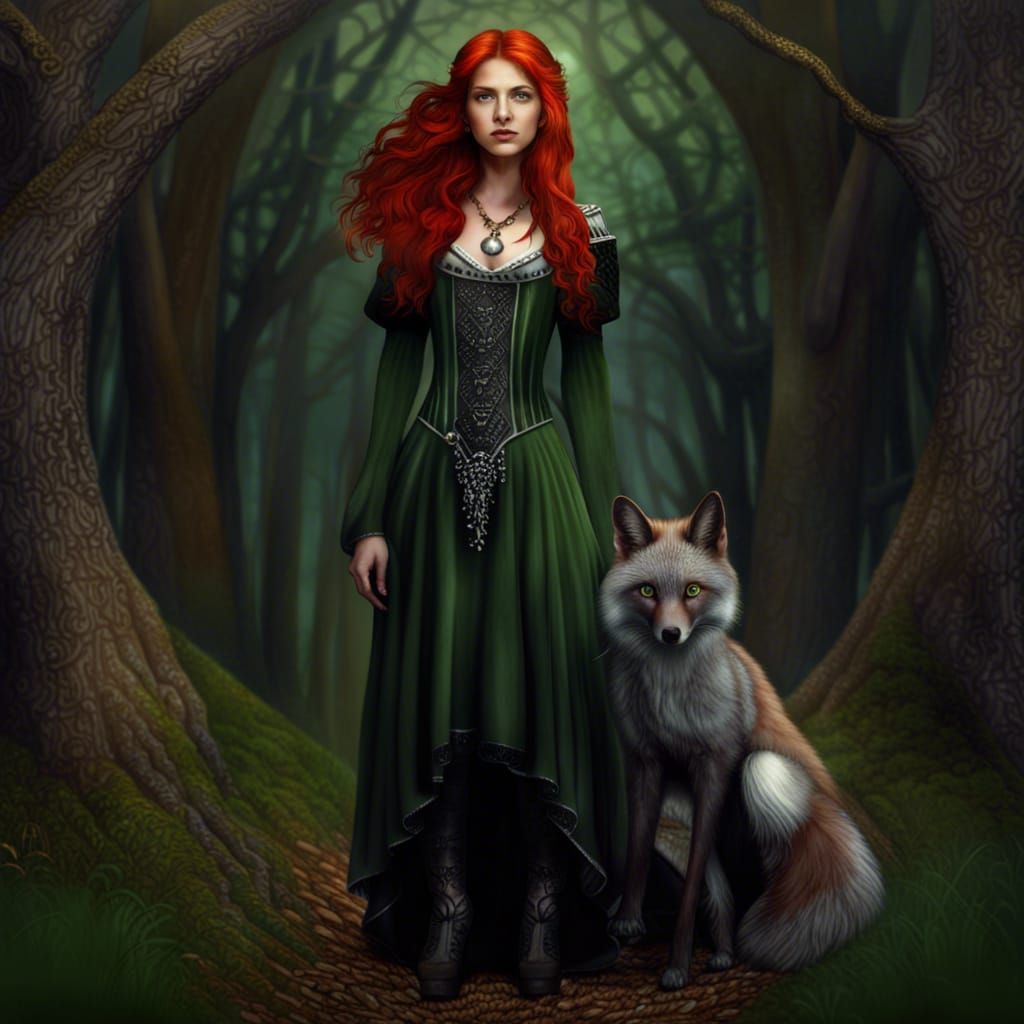 Red haired woman in the forest with a fox friend - AI Generated Artwork ...