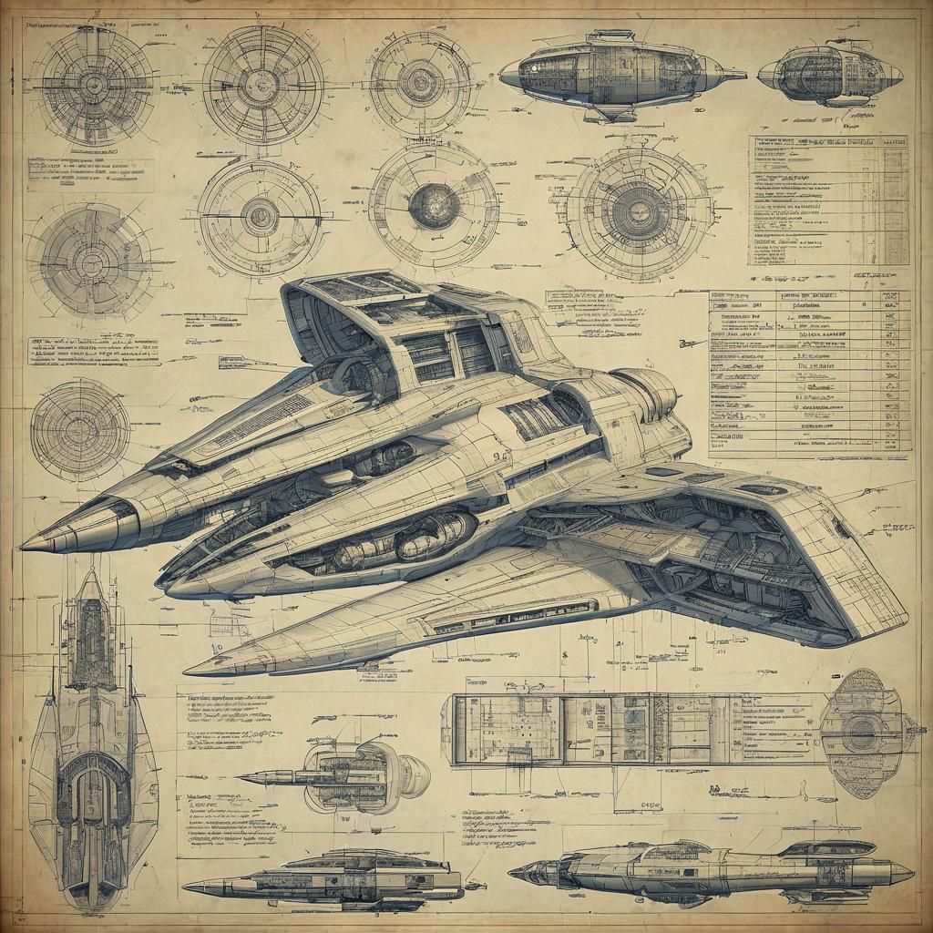 Technical schematics and blueprints of a futuristic space Fi...
