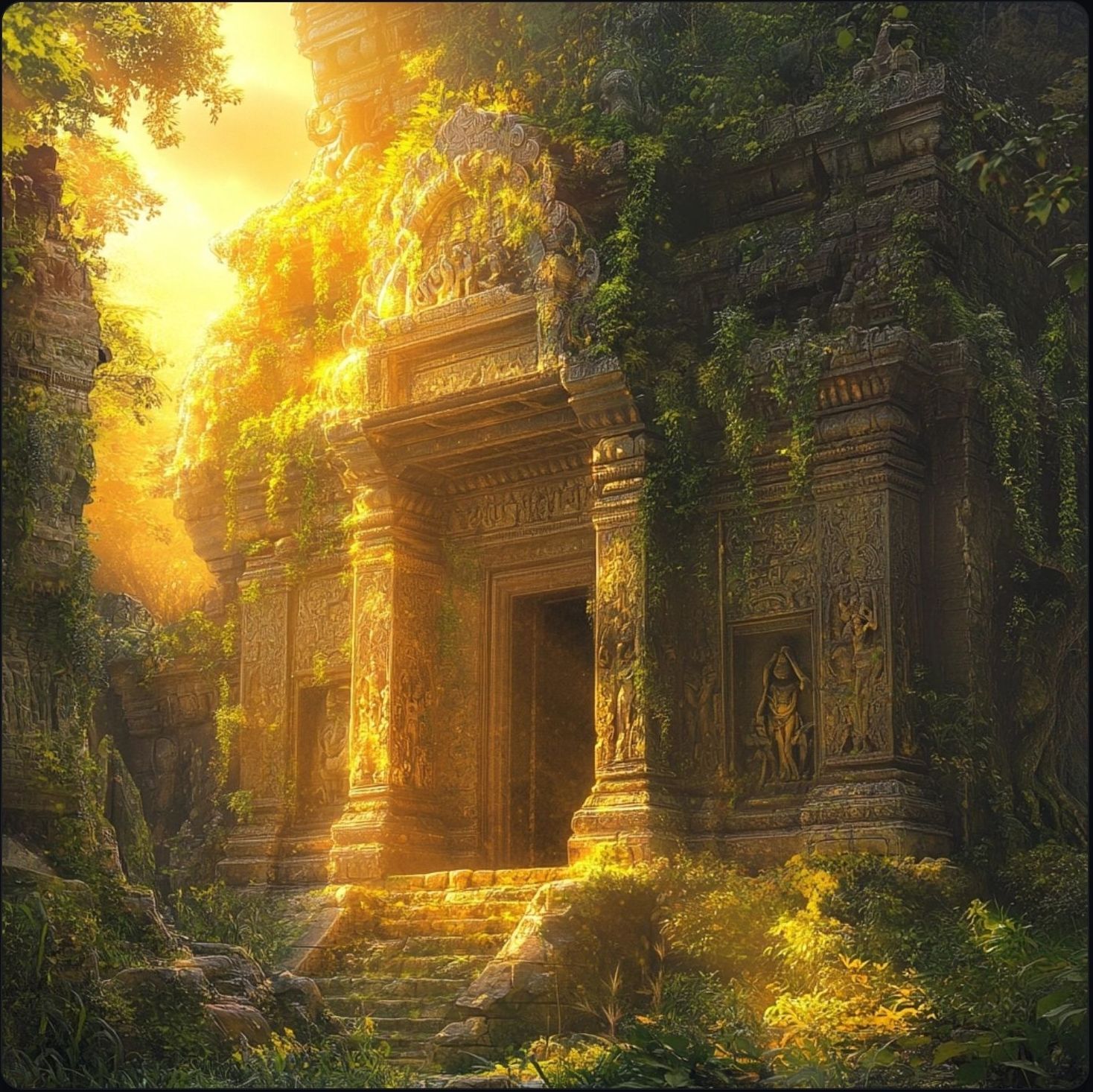 An ancient temple hidden in a dense jungle.