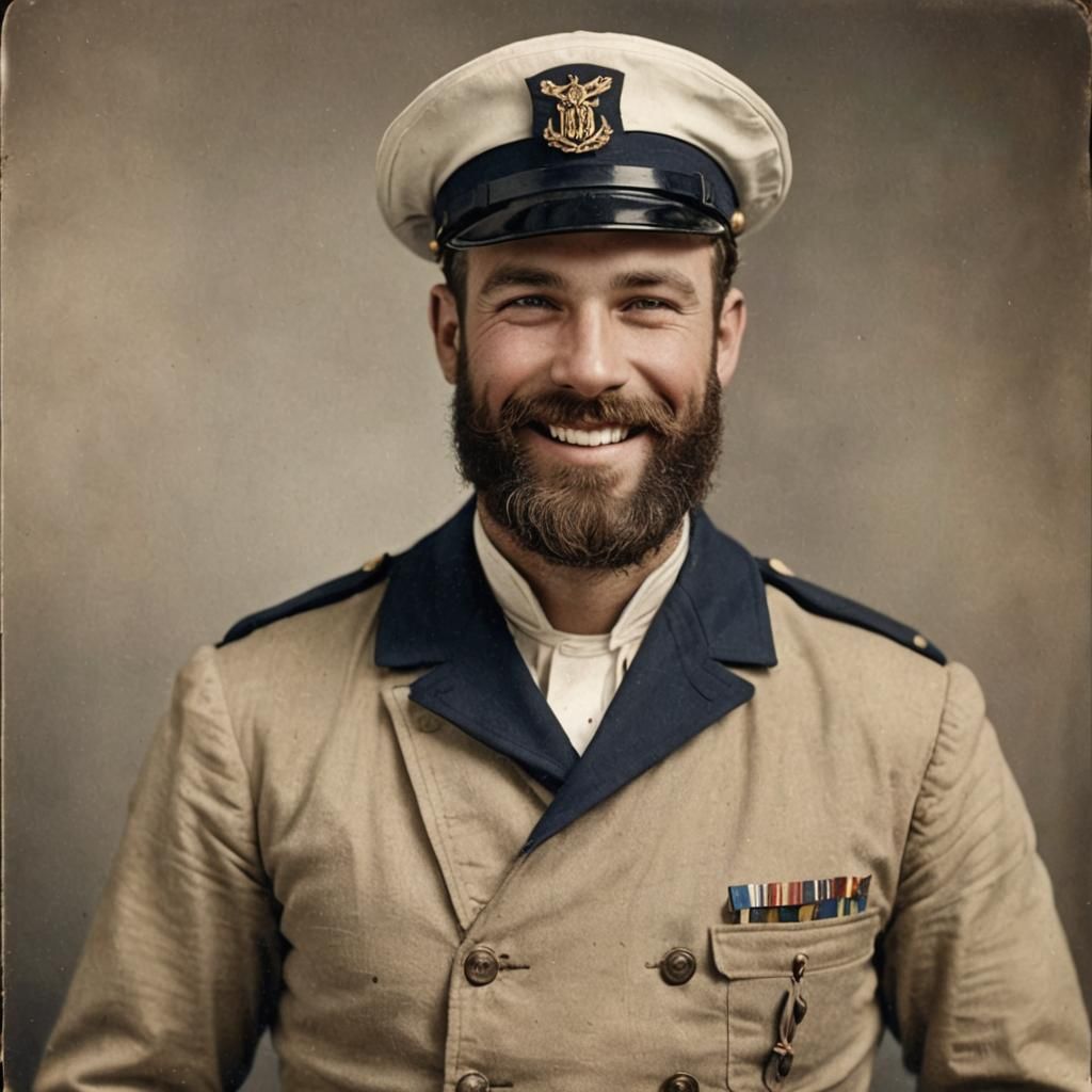 a handsome 1920s American bearded smiling sailor in his unif...
