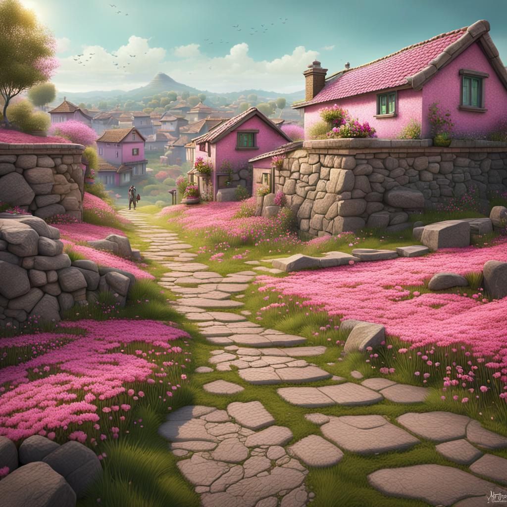 A neighborhood full of pink flowers.