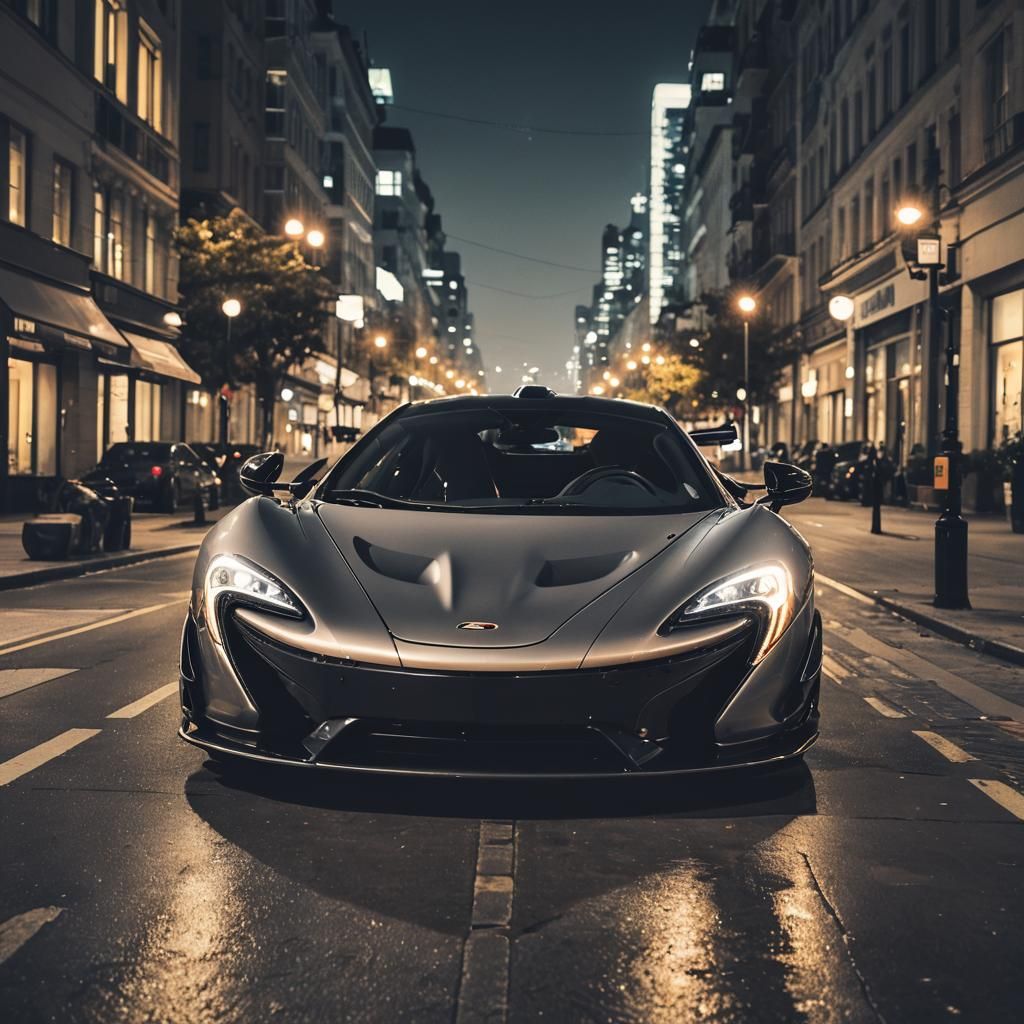 Mclaren p1 front view at night in a city