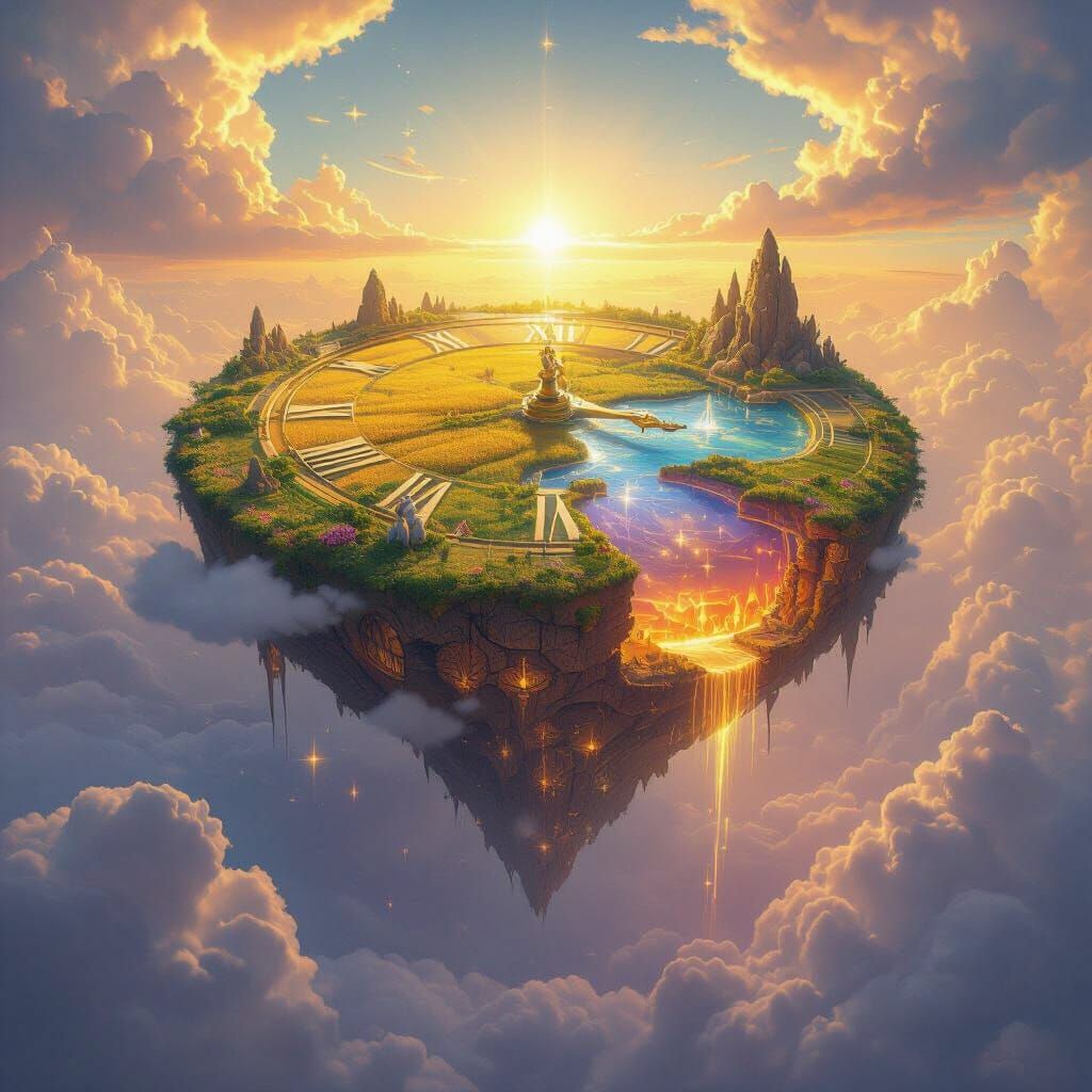 A majestic floating island shaped like a colossal natural clock, drifting through the sky on a fixed celestial path. Its surface is divided ...