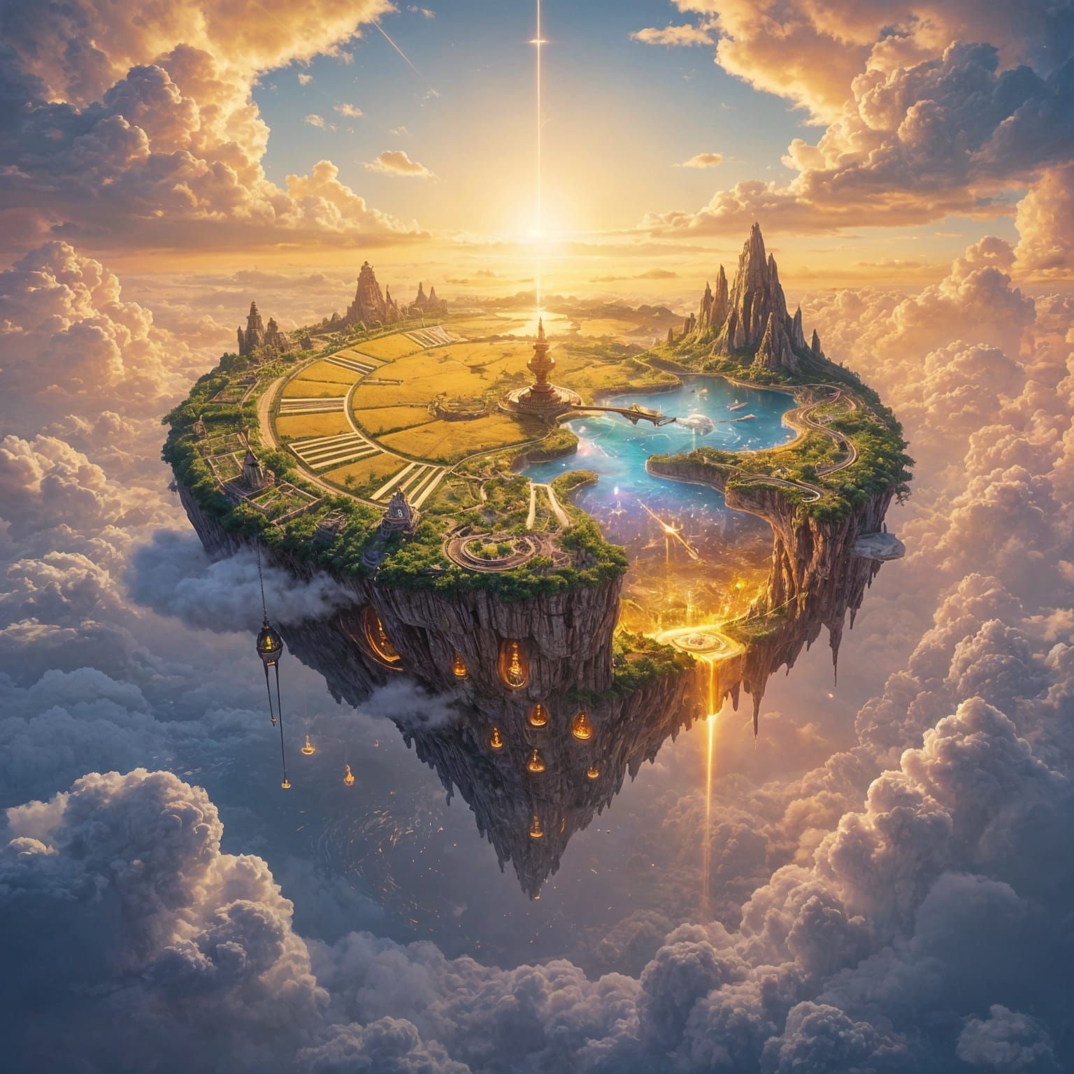 A majestic floating island shaped like a colossal natural clock, drifting through the sky on a fixed ...  by @Zacharo