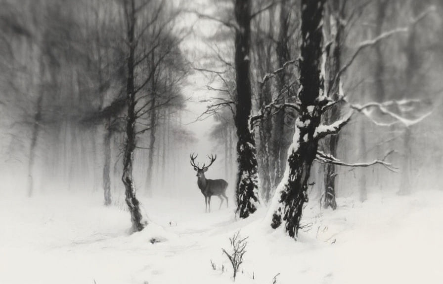 A single deer in a foggy forest
