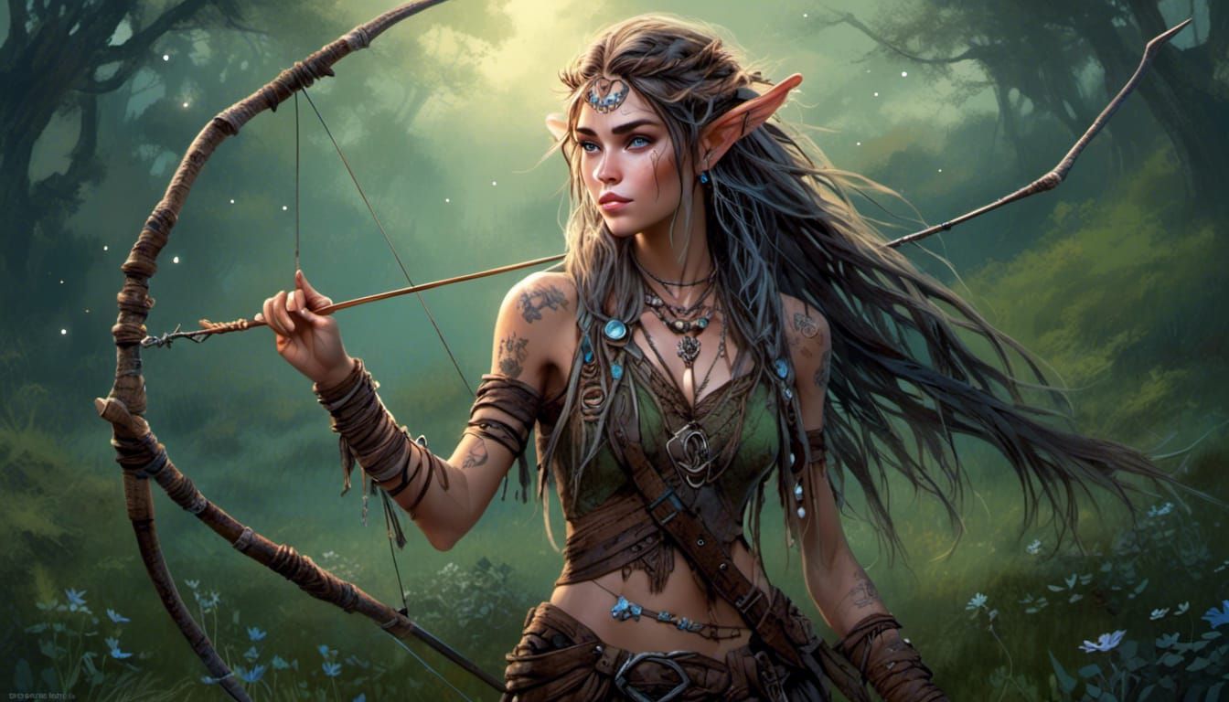 Elven Huntress in Moonlit Meadow: Digital Art