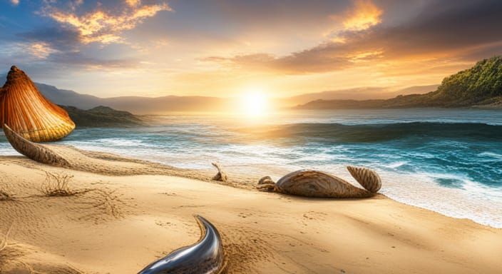 A sunny beach on the ocean shore , dolphins in the sea, larg...