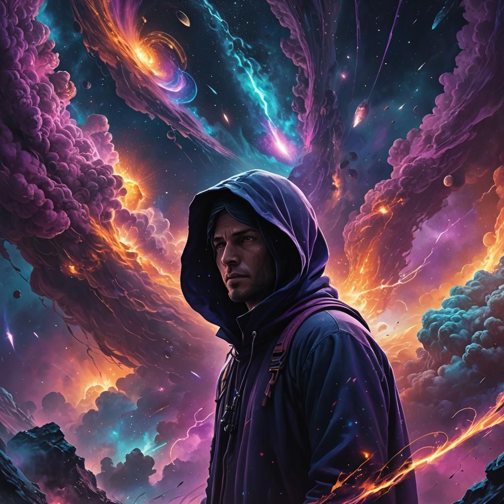 A shadowy figure stares into the void of space and time, a m...