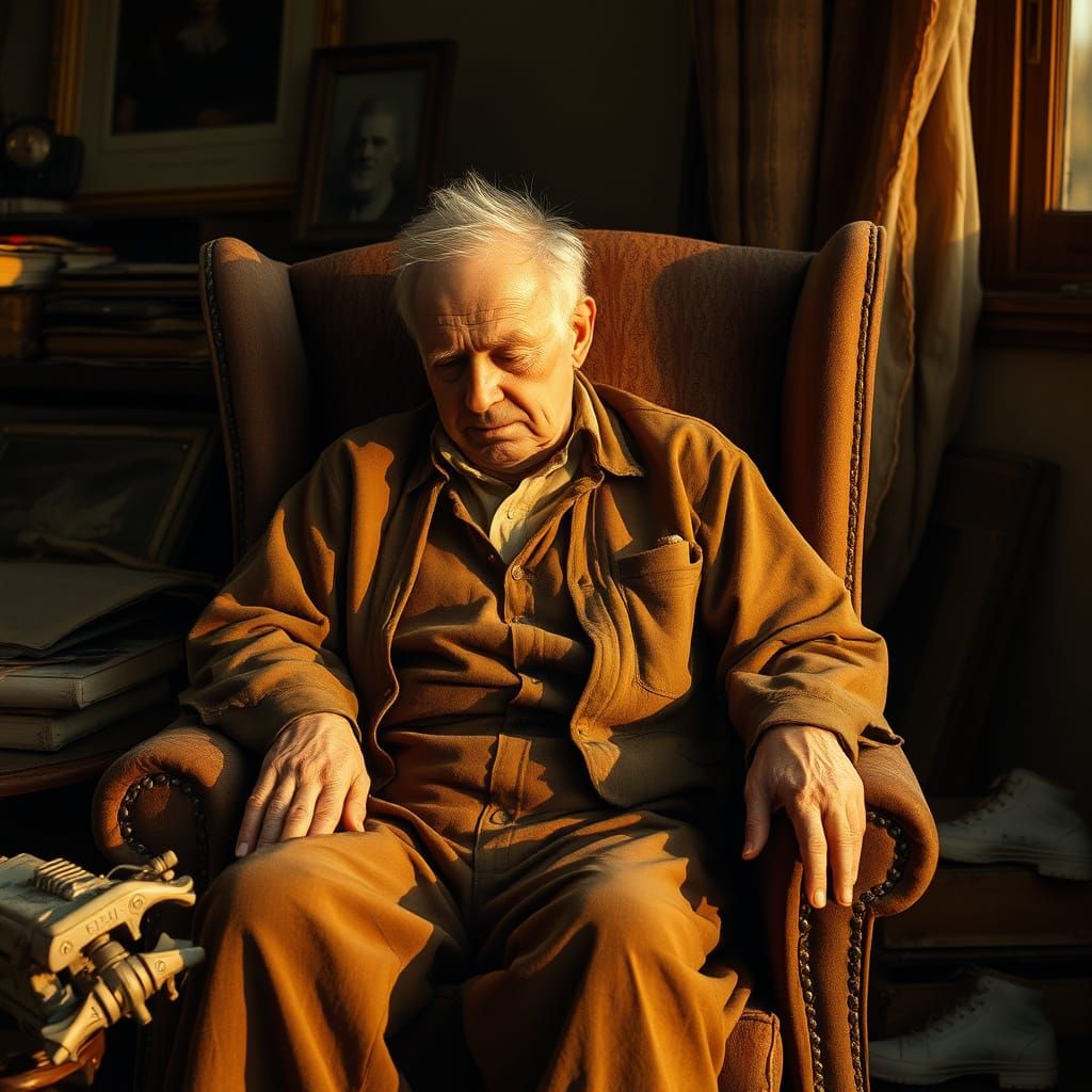 Elderly Man Lost in Thought, Golden Hour Reflections