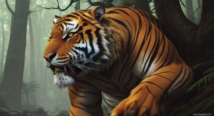 Tiger prowling an ancient forest searching for food