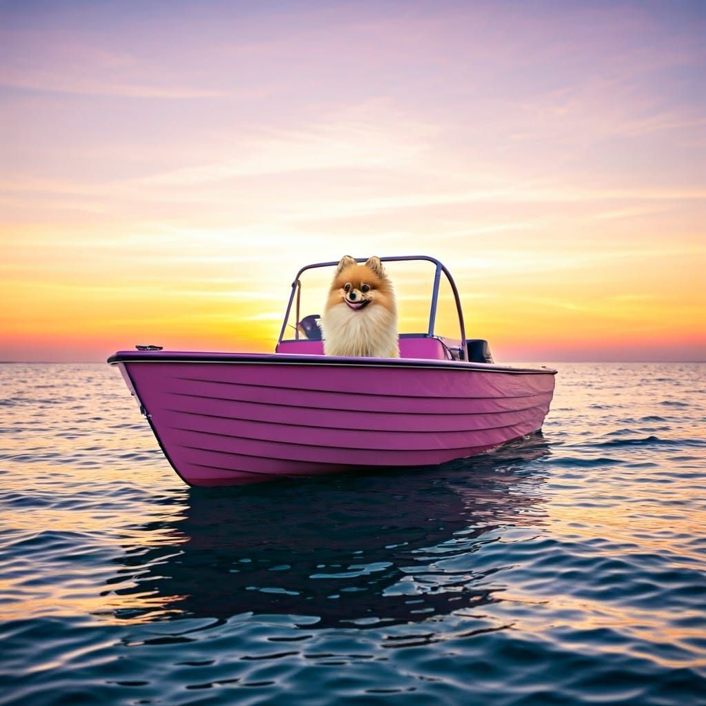 Furry Pomeranian in Pink Boat Drives Across Sunset Sea