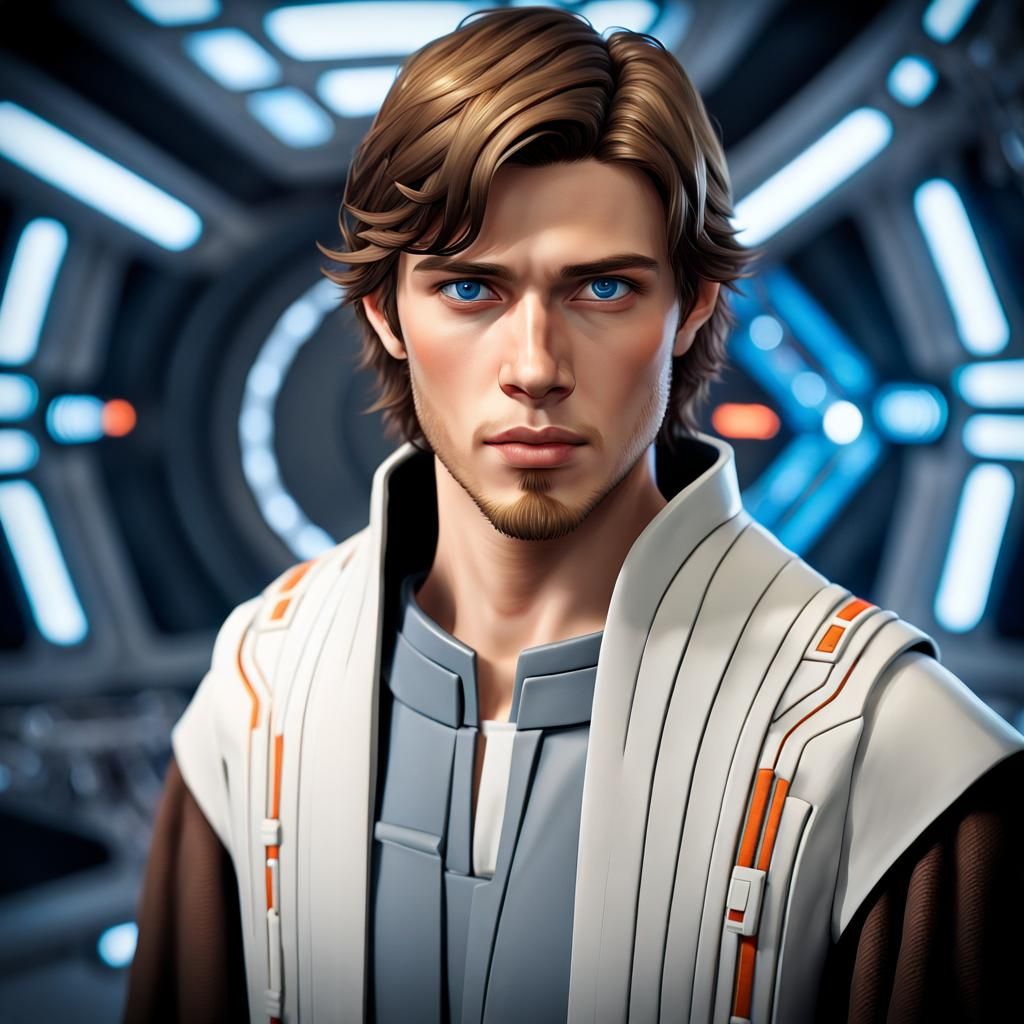 (Young Male Jedi with brown hair and a short beard 1.6)(He is barely twenty 1.6)(He looks twenty years old and has blue eyes 1.5)(He wears a...