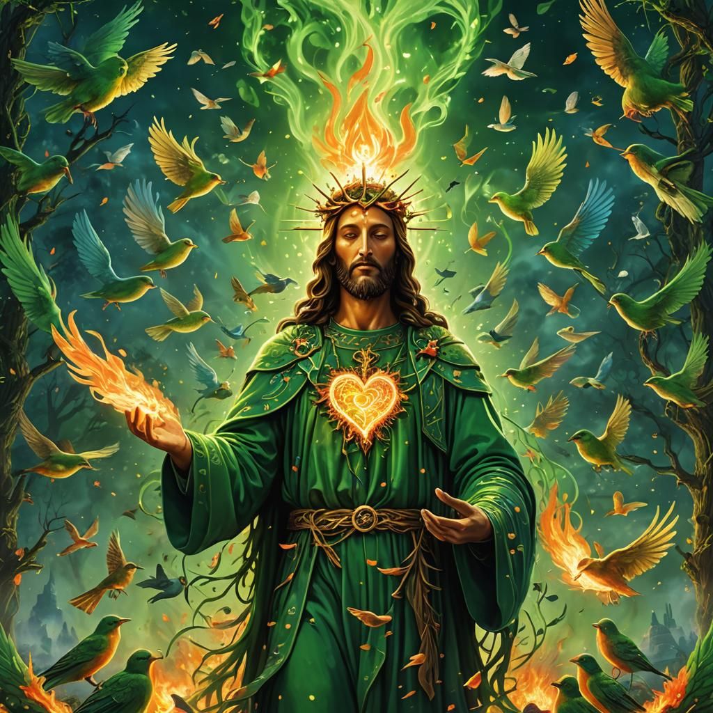 christ  with birds has his heart on green healing fire 