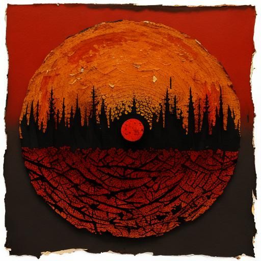 textured torn paper art. Autumn trees blended with a nuclear...
