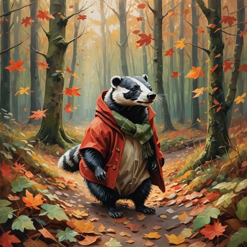 a cute badger wearing a cosy red coat walking in the autumn forest. warm colours, with fallen leaves ...  by @MarcD