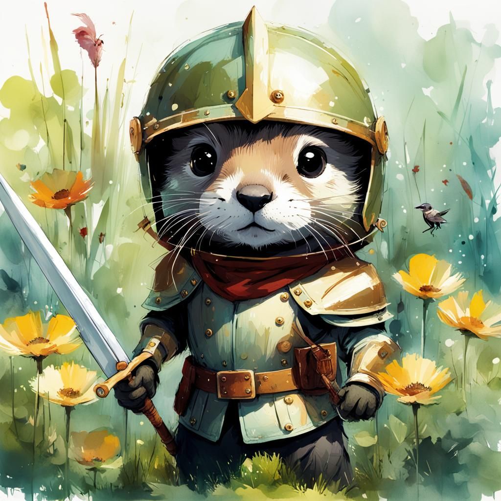 Otter Knight in Garden, Watercolor Splash Art