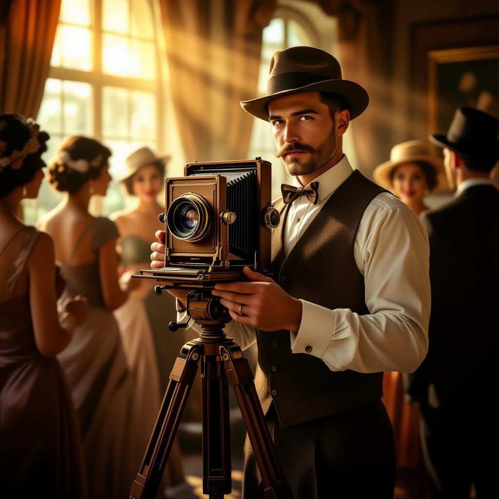 A vintage photographer in the 1920s holding an old wooden camera on a tripod, sepia tones, people posing ...  by @Likvi