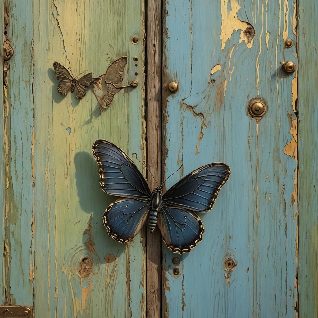Black Butterfly on Golden Step in Hyperrealism Style