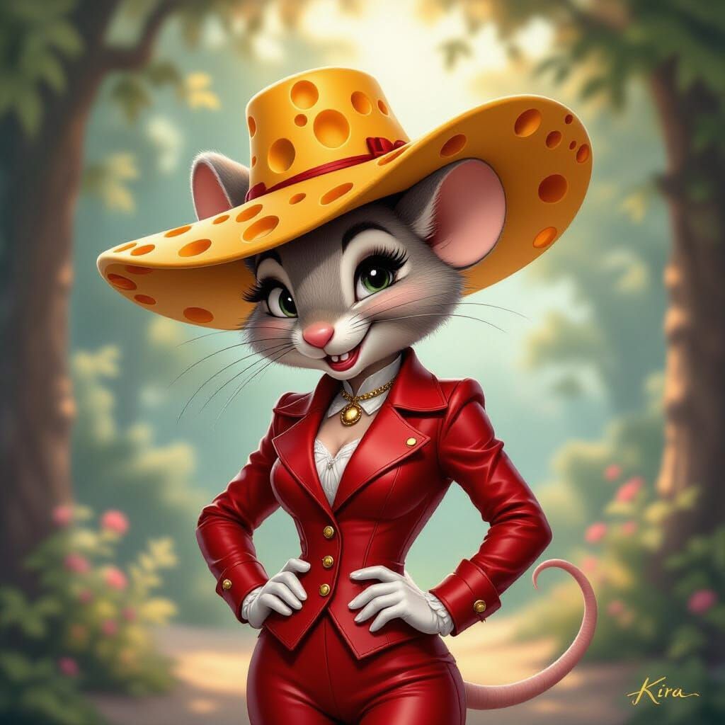 An elegant anthropomorphic mouse named Kira wearing a stylish hat made entirely of cheese. The hat has ornate textures and delicate holes li...