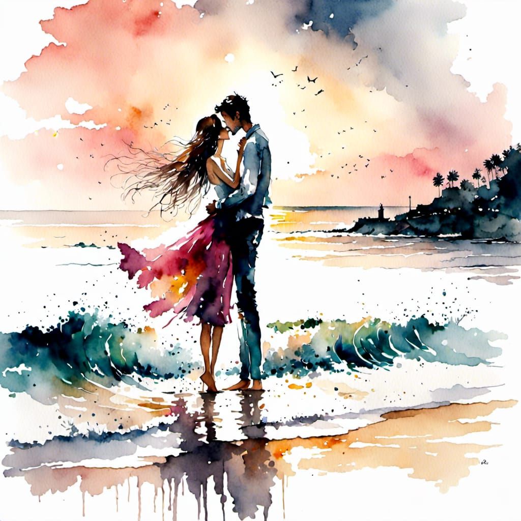 <lora:Dreamy Watercolor:1.0> Beautiful couple kissing at seashore