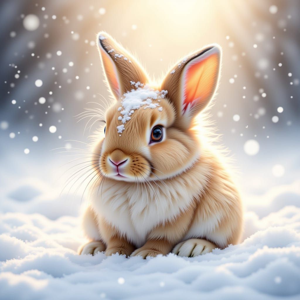 <lora:Cute Rabbits:1.0> ethereal watercolor. Medium shot. A cute baby rabbit with long fur cuddles in the snow. Many snow sprays fly in the...