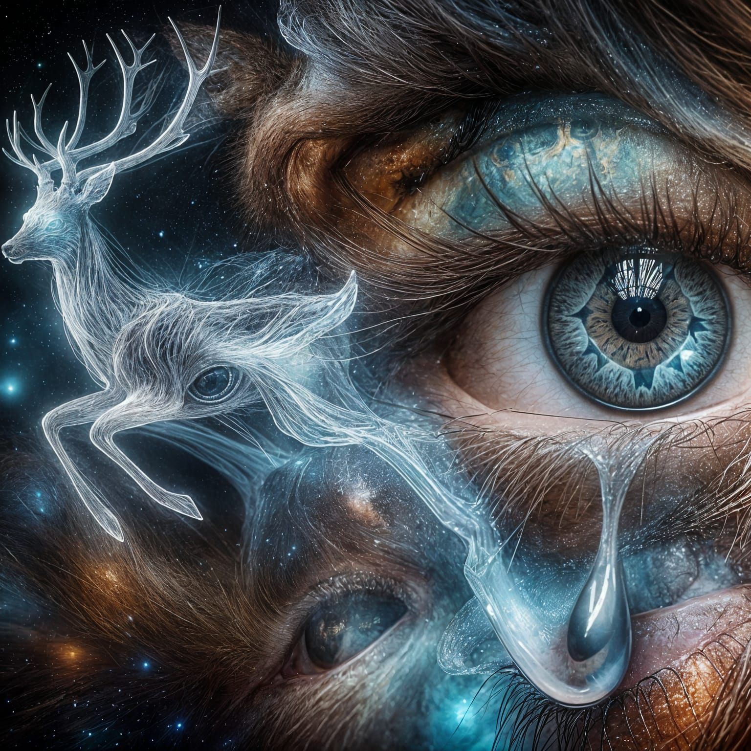 Surreal eye of a tear flowing down from an eye on face and shaped into a deer, the deer is made from ...  by @PinkStrong