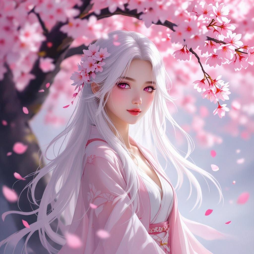 Ethereal Maiden with Pink Hair and Eyes Under Cherry Blossom...